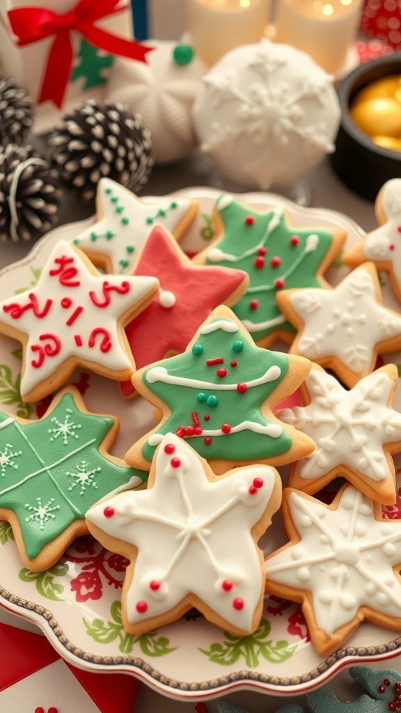 Decorated Christmas sugar cookies in festive shapes on a plate.